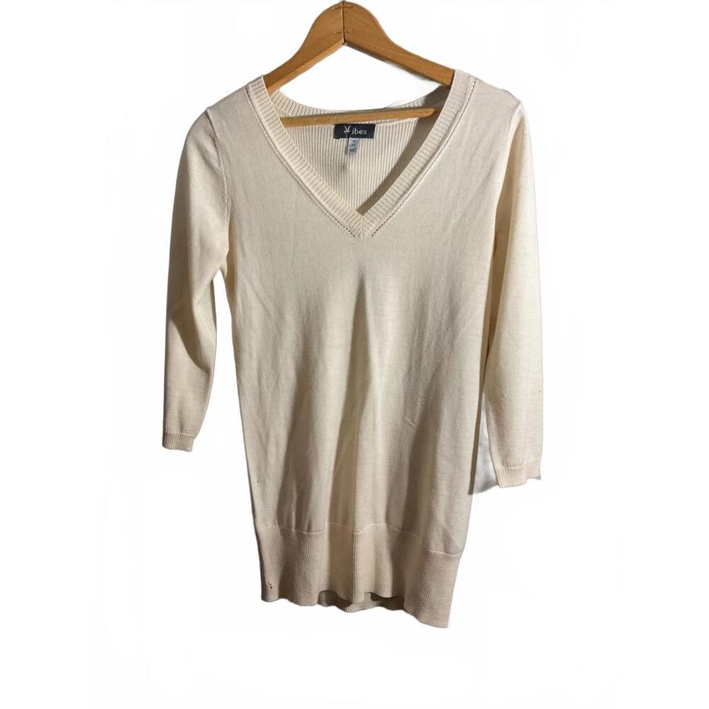 Ibex Cream Long Sleeve Wool/Silk  V-Neck Sweater XS